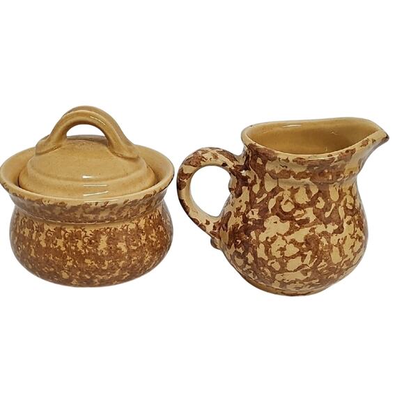Vintage Pfaltzgraff USA Spongeware Gold Brown Creamer and Sugar Bowl w/Lid Set - Picture 2 of 14